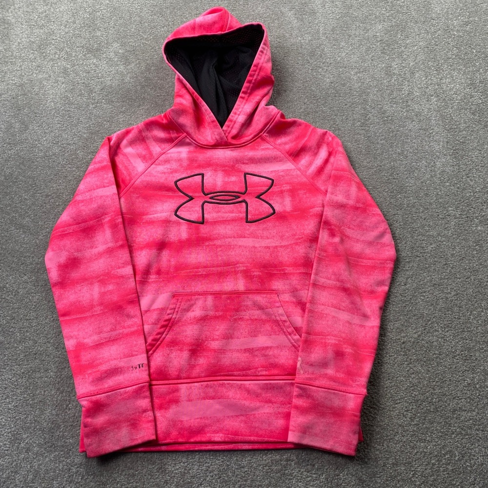 Under Armour Hoodie Kids Medium Pink Striped Storm Pullover Logo Activewear